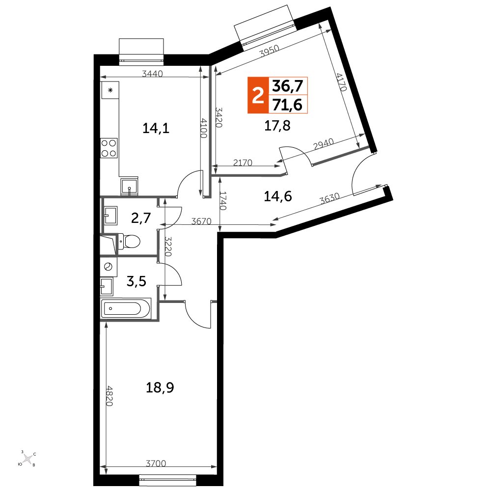 2-комнатная квартира без отделки, 71.8 м2, 1 этаж, дом сдан, ЖК UP-квартал Римский, корпус 7 - объявление 2353932 - фото №1