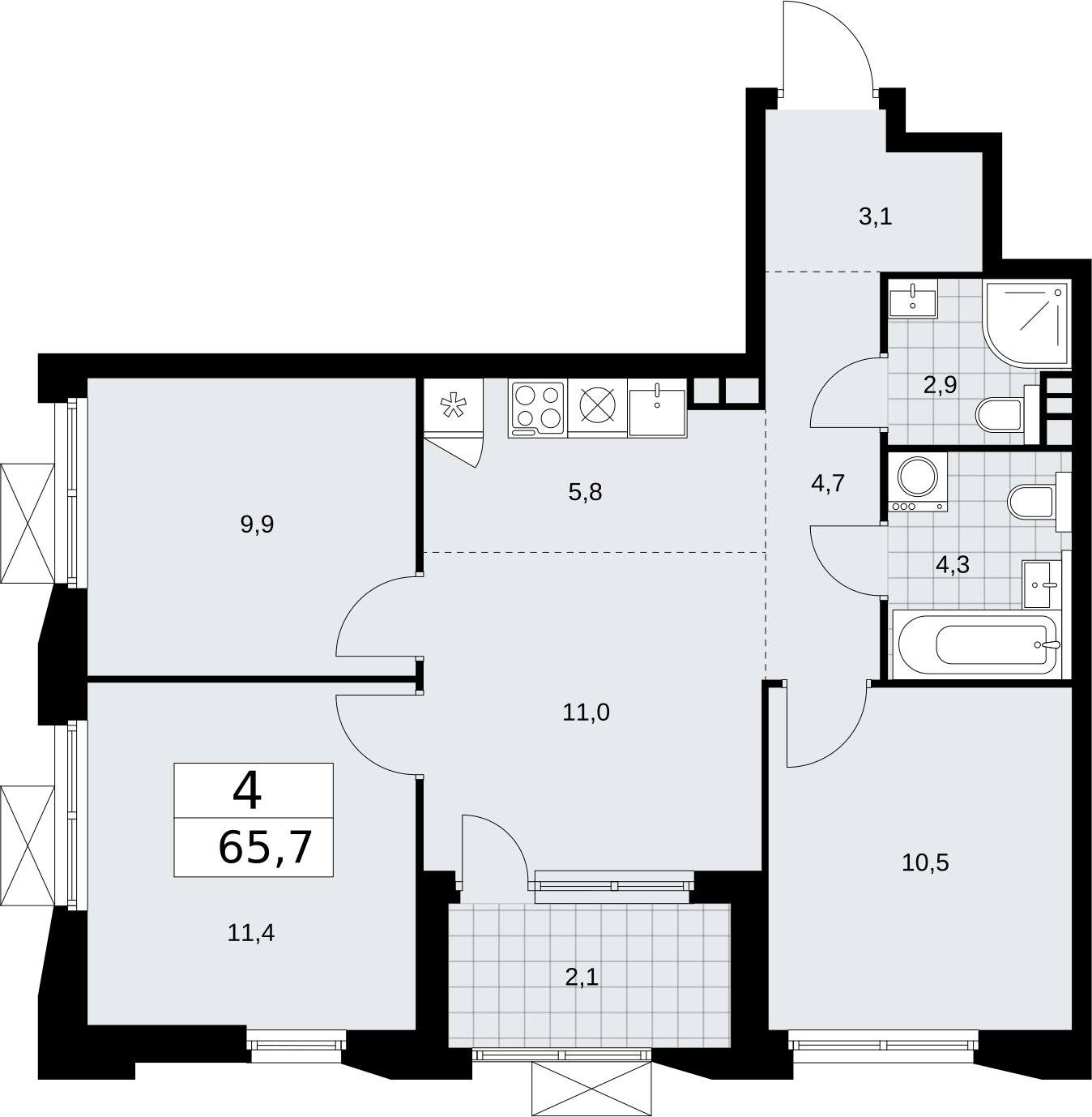 4-комнатная квартира (евро) без отделки, 65.7 м2, 3 этаж, сдача 2 квартал 2026 г., ЖК Бунинские кварталы, корпус 5.2 - объявление 2297323 - фото №1