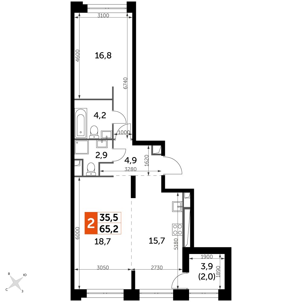 2-комнатная квартира с частичной отделкой, 65.2 м2, 18 этаж, дом сдан, ЖК Sydney City, корпус 2 - объявление 2238391 - фото №1