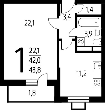 1-комнатная квартира с полной отделкой, 43.8 м2, 12 этаж, сдача 1 квартал 2025 г., ЖК Новые Ватутинки. Заречный, корпус 5/2 - объявление 2271930 - фото №1