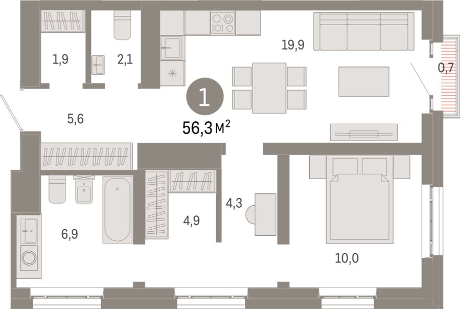 1-комнатная квартира с частичной отделкой, 56.3 м2, 28 этаж, сдача 3 квартал 2026 г., ЖК Квартал Метроном, корпус 1 - объявление 2358207 - фото №1