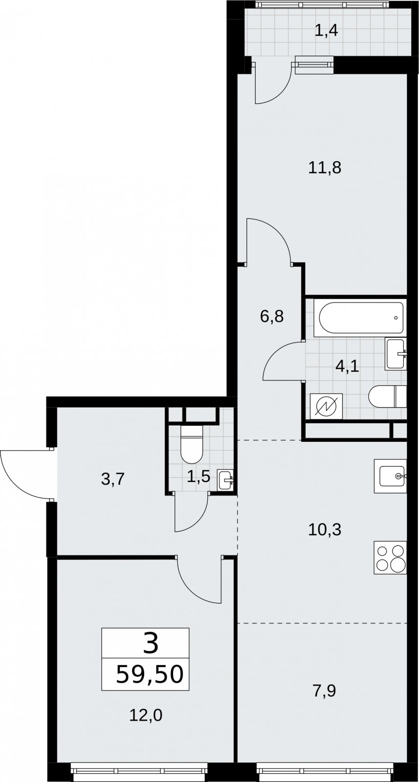 3-комнатная квартира (евро) с полной отделкой, 59.5 м2, 3 этаж, сдача 4 квартал 2026 г., ЖК Родные кварталы, корпус 1.2 - объявление 2317889 - фото №1