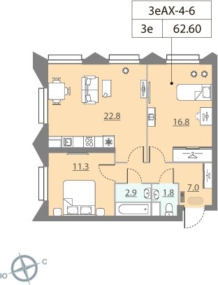 2-комнатная квартира без отделки, 62.8 м2, 7 этаж, сдача 2 квартал 2023 г., ЖК ЗИЛАРТ, корпус 13 - объявление 2123605 - фото №1