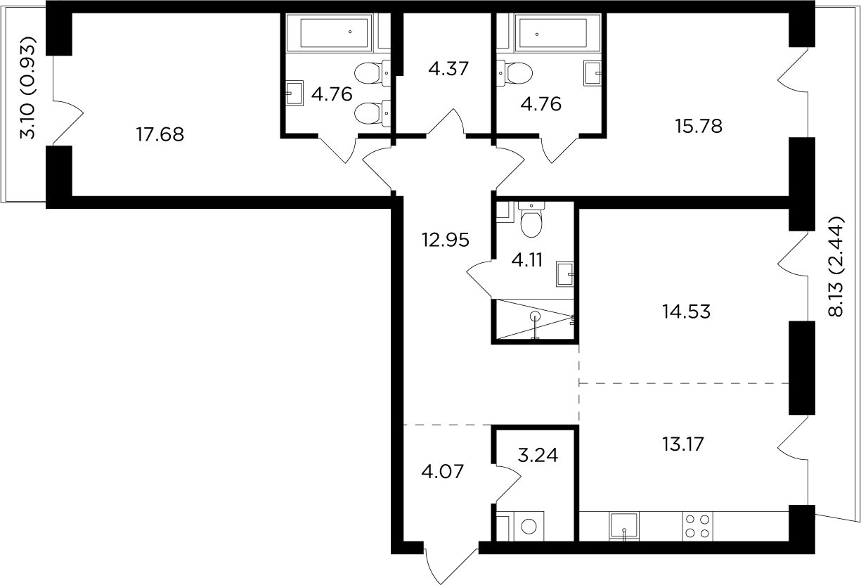 3-комнатная квартира без отделки, 102.79 м2, 13 этаж, дом сдан, ЖК FORIVER, корпус 3 - объявление 2371247 - фото №1