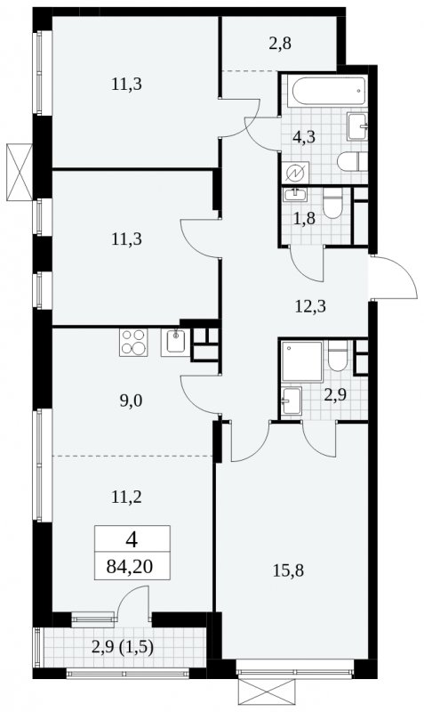 4-комнатная квартира (евро) с частичной отделкой, 84.2 м2, 7 этаж, сдача 2 квартал 2025 г., ЖК Прокшино, корпус 5.1.1 - объявление 1859930 - фото №1