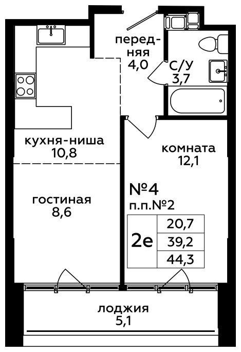 2-комнатные апартаменты без отделки, 44.3 м2, 3 этаж, сдача 4 квартал 2022 г., ЖК Сити-комплекс Мята, корпус М - объявление 1275910 - фото №1