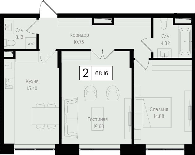 2-комнатная квартира без отделки, 68.1 м2, 2 этаж, дом сдан, ЖК Преображенская площадь, корпус 1 - объявление 2458317 - фото №1