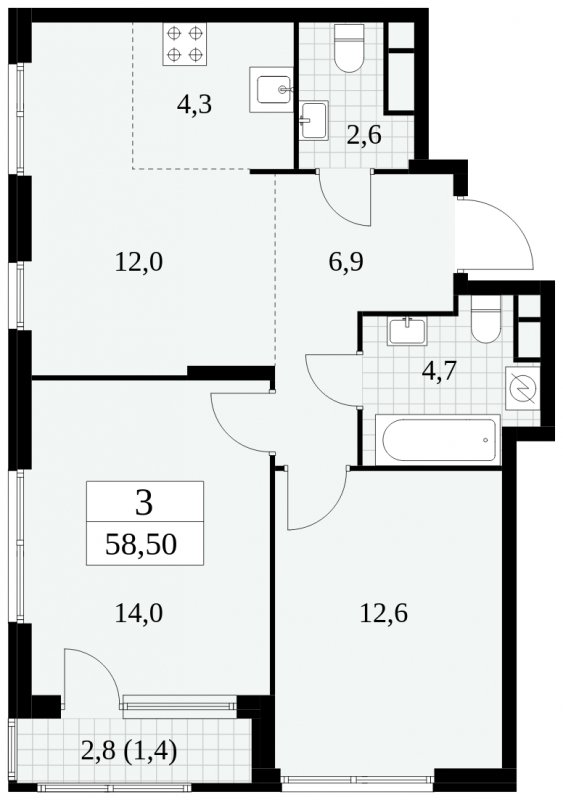 3-комнатная квартира (евро) без отделки, 58.5 м2, 15 этаж, сдача 2 квартал 2025 г., ЖК Южные сады, корпус 2.4 - объявление 1760477 - фото №1