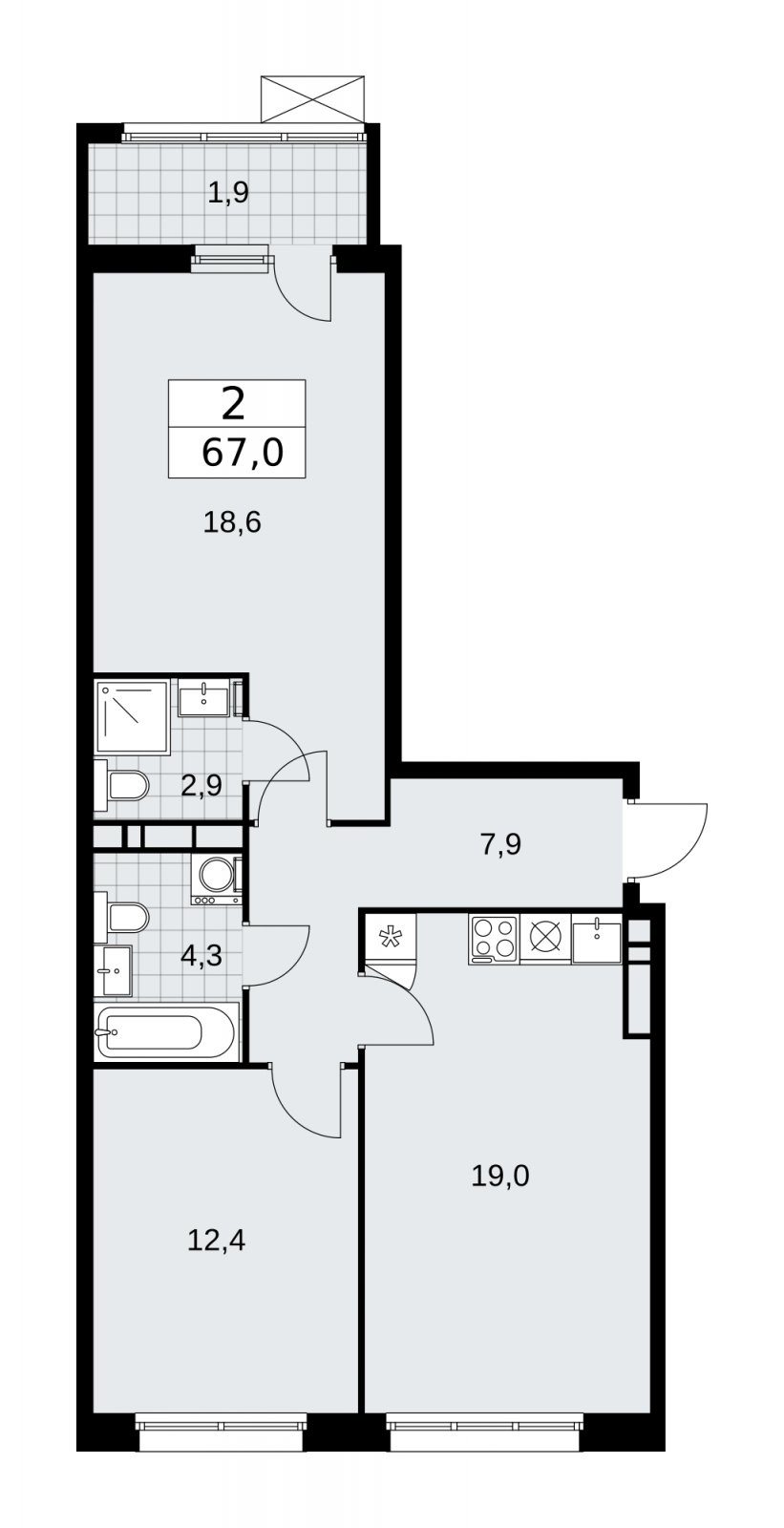 2-комнатная квартира с частичной отделкой, 67 м2, 9 этаж, сдача 2 квартал 2026 г., ЖК Дзен-кварталы, корпус 4.1 - объявление 2251381 - фото №1