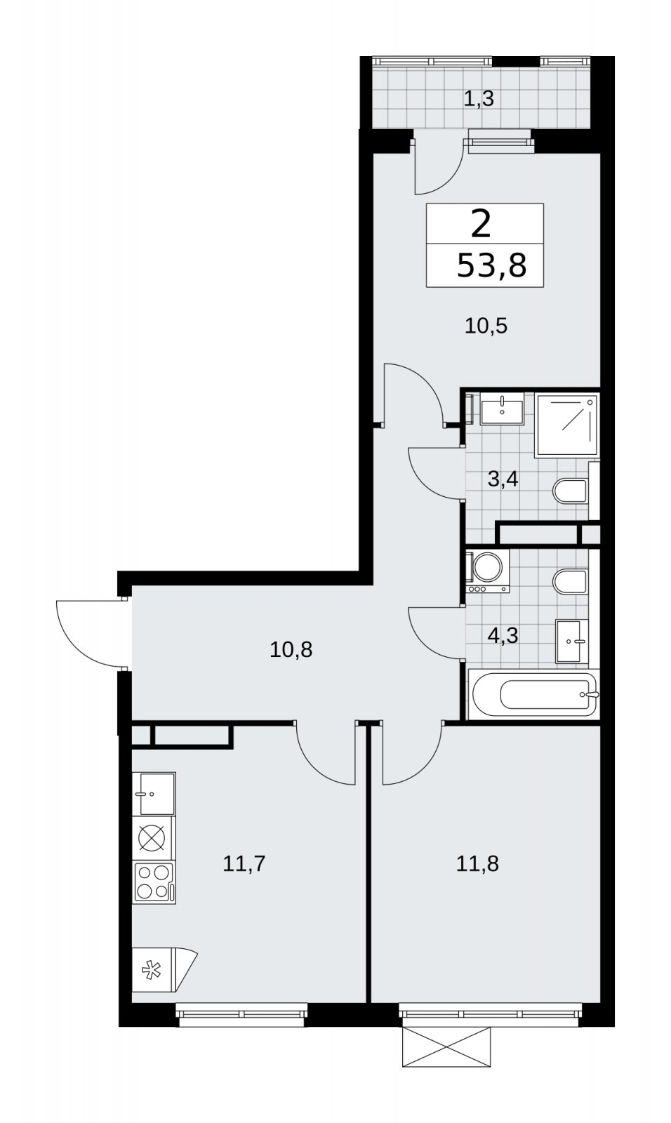 2-комнатная квартира без отделки, 53.8 м2, 9 этаж, сдача 1 квартал 2026 г., ЖК Прокшино, корпус 11.2.1 - объявление 2269954 - фото №1