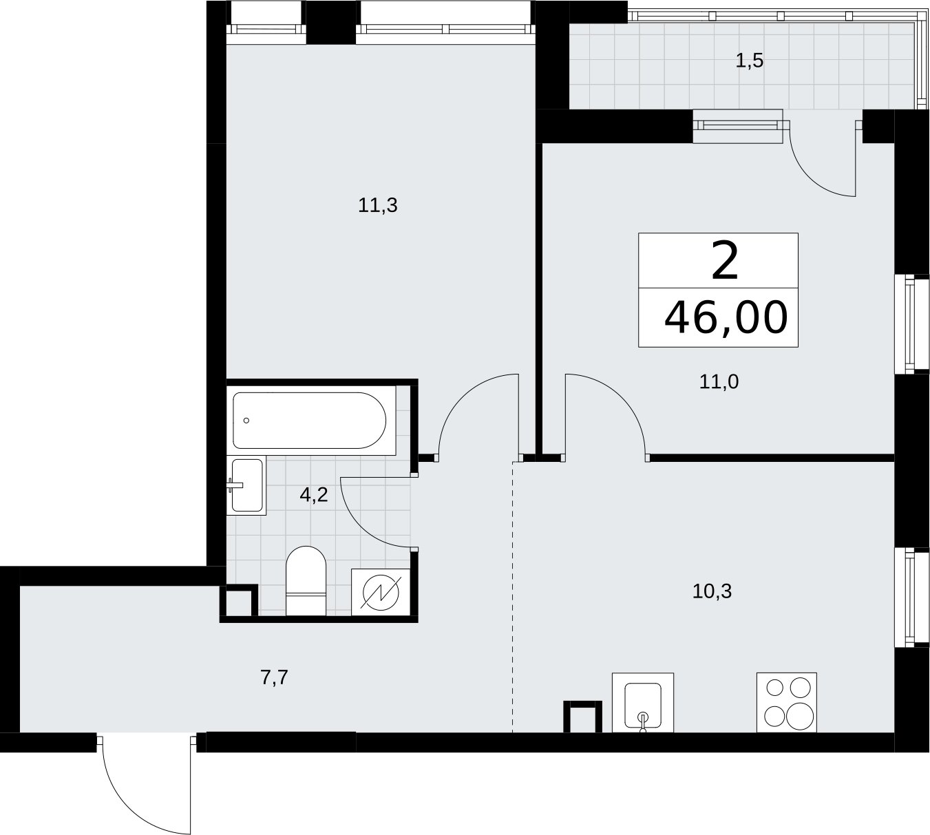 2-комнатная квартира с полной отделкой, 46 м2, 2 этаж, сдача 4 квартал 2026 г., ЖК Родные кварталы, корпус 1.2 - объявление 2318158 - фото №1