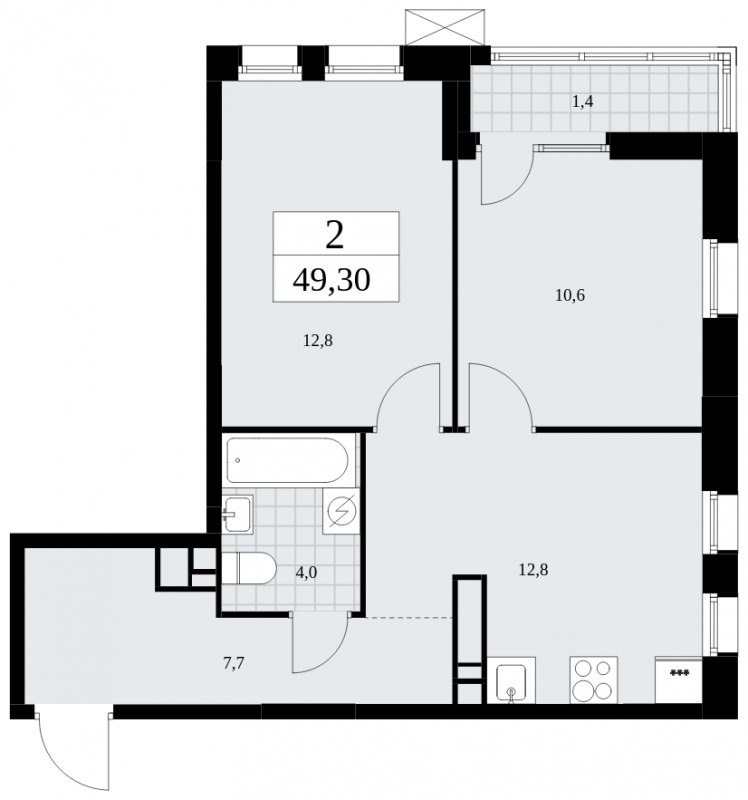 2-комнатная квартира с частичной отделкой, 49.3 м2, 18 этаж, сдача 3 квартал 2025 г., ЖК Дзен-кварталы, корпус 2.1 - объявление 1932311 - фото №1