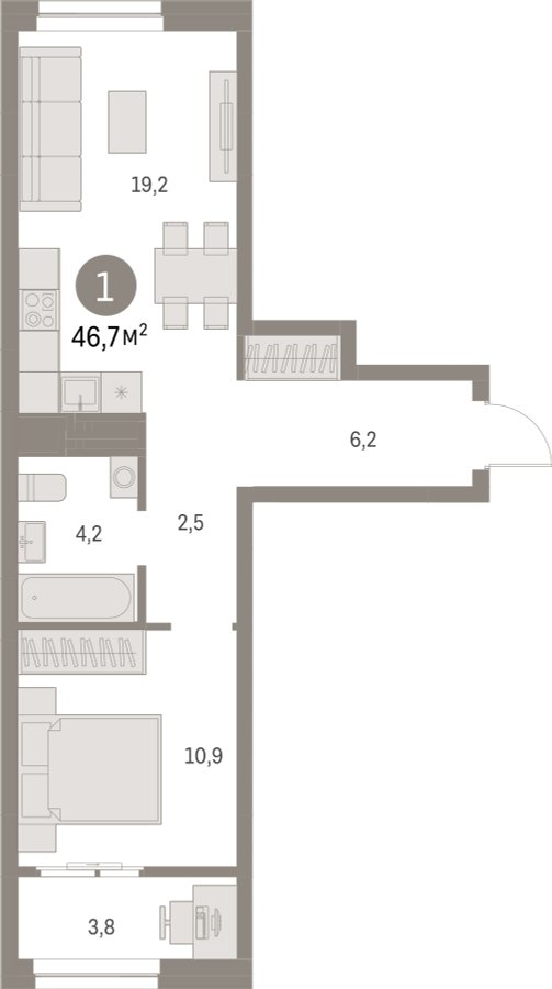 1-комнатная квартира с частичной отделкой, 46.73 м2, 7 этаж, сдача 1 квартал 2025 г., ЖК Первый квартал, корпус Дом 5 - объявление 2281560 - фото №1
