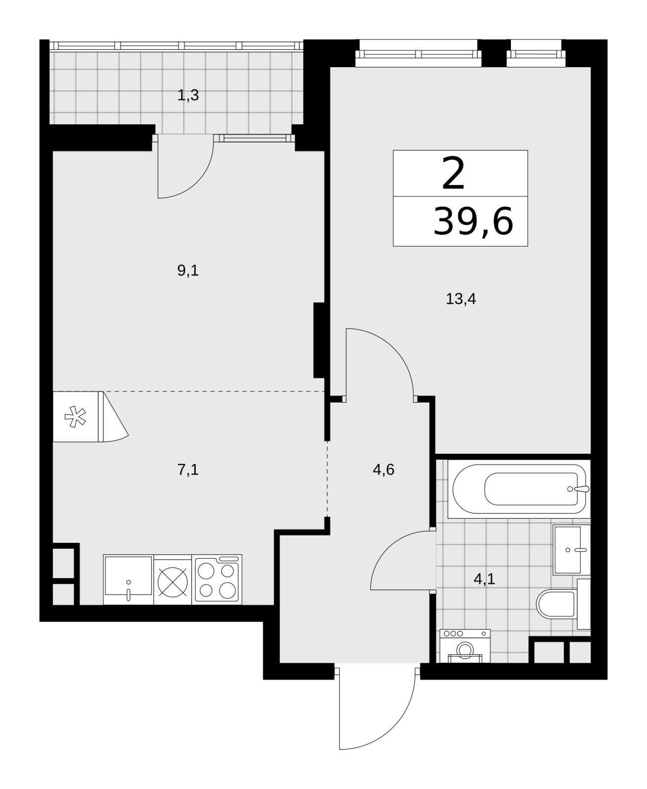 2-комнатная квартира (евро) с частичной отделкой, 39.6 м2, 12 этаж, сдача 2 квартал 2026 г., ЖК Деснаречье, корпус 4.5 - объявление 2264569 - фото №1