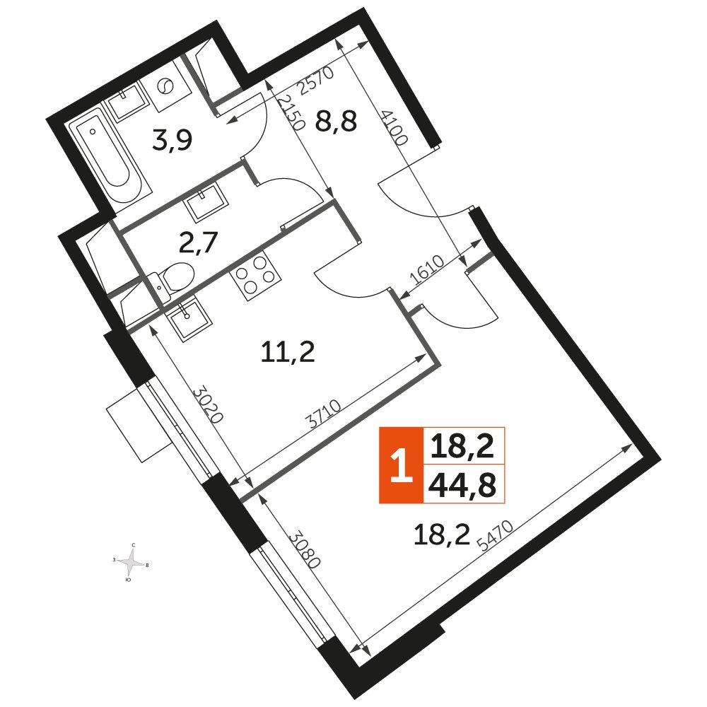1-комнатная квартира с частичной отделкой, 46.3 м2, 11 этаж, дом сдан, ЖК UP-квартал Римский, корпус 7 - объявление 2359953 - фото №1