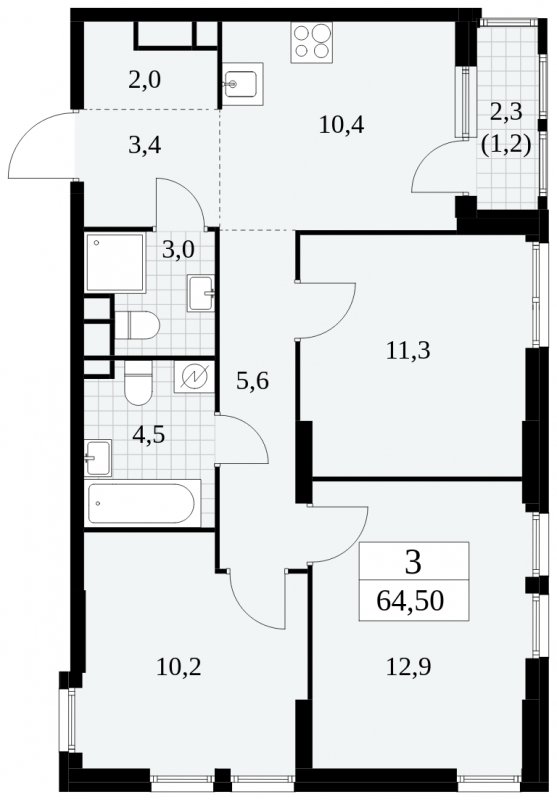 3-комнатная квартира с частичной отделкой, 64.5 м2, 9 этаж, сдача 2 квартал 2025 г., ЖК Южные сады, корпус 2.2 - объявление 1757515 - фото №1