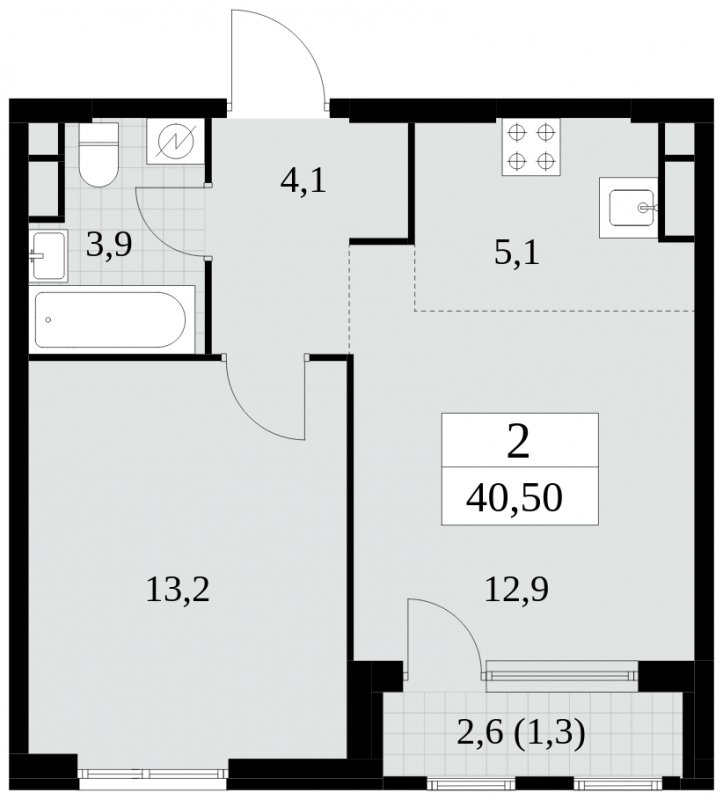 2-комнатная квартира (евро) без отделки, 40.5 м2, 4 этаж, сдача 2 квартал 2025 г., ЖК Южные сады, корпус 2.4 - объявление 1760279 - фото №1