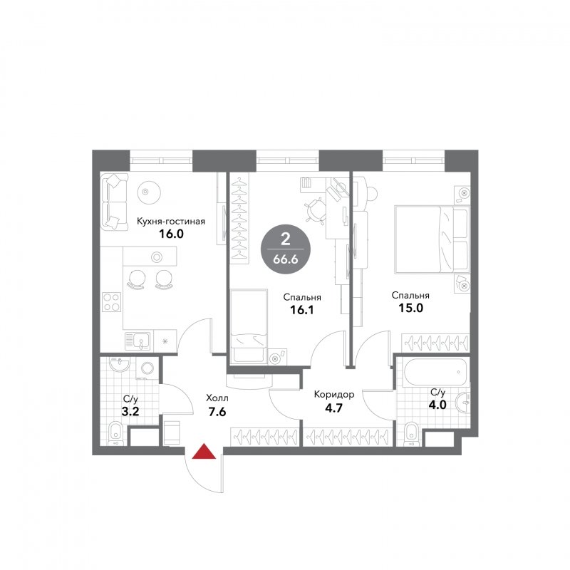 2-комнатные апартаменты без отделки, 66.6 м2, 11 этаж, сдача 3 квартал 2025 г., ЖК VOXHALL, корпус 4 - объявление 1793734 - фото №1