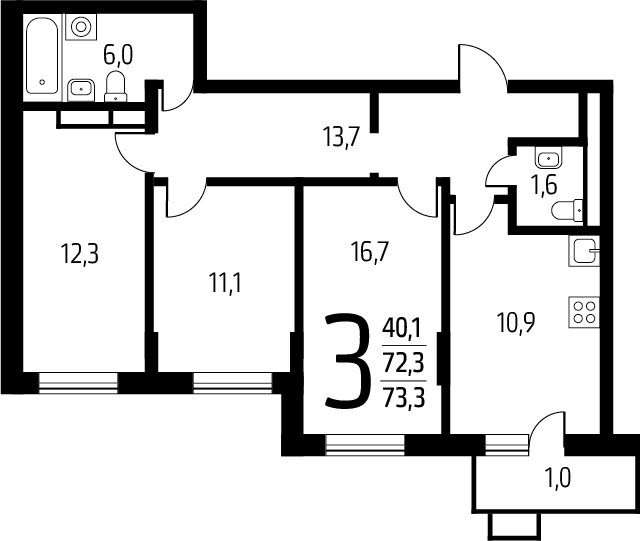 3-комнатная квартира с полной отделкой, 73.3 м2, 2 этаж, сдача 1 квартал 2025 г., ЖК Новые Ватутинки. Заречный, корпус 5/2 - объявление 2272044 - фото №1