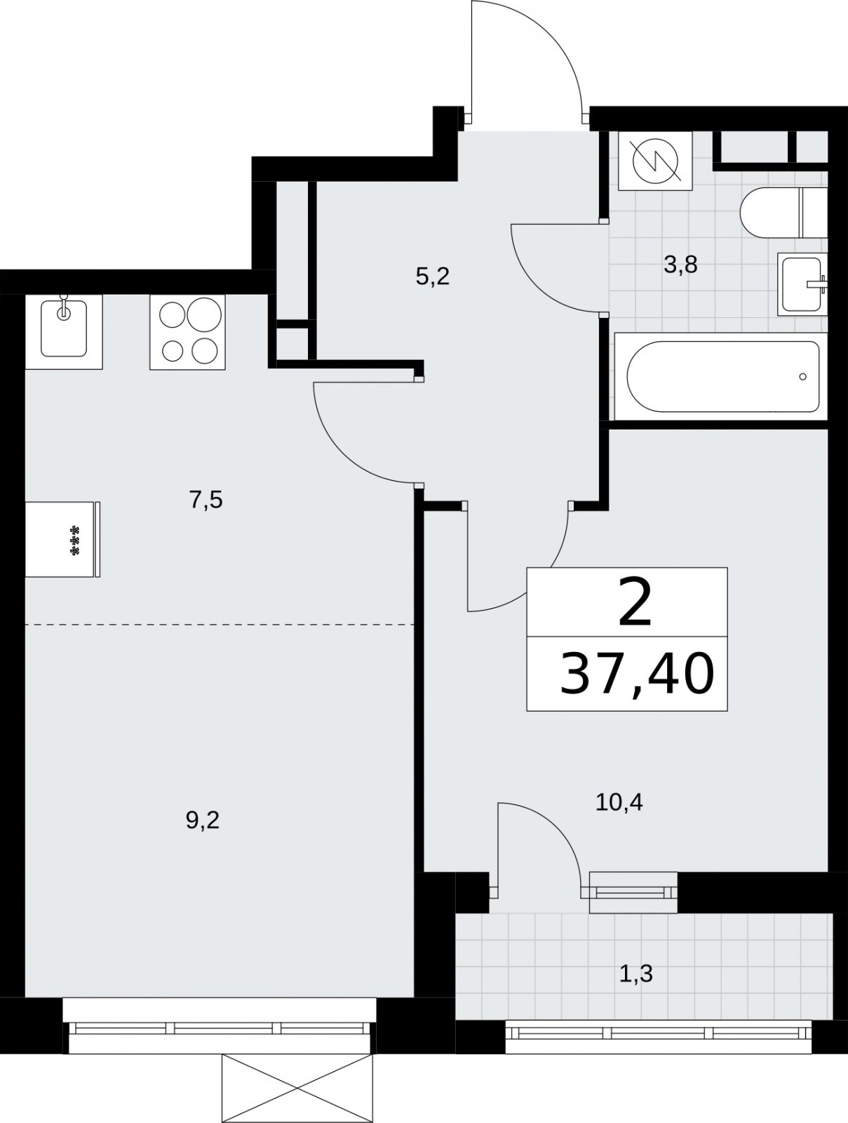 2-комнатная квартира (евро) без отделки, 37.4 м2, 3 этаж, сдача 3 квартал 2026 г., ЖК Родные кварталы, корпус 2 - объявление 2295371 - фото №1