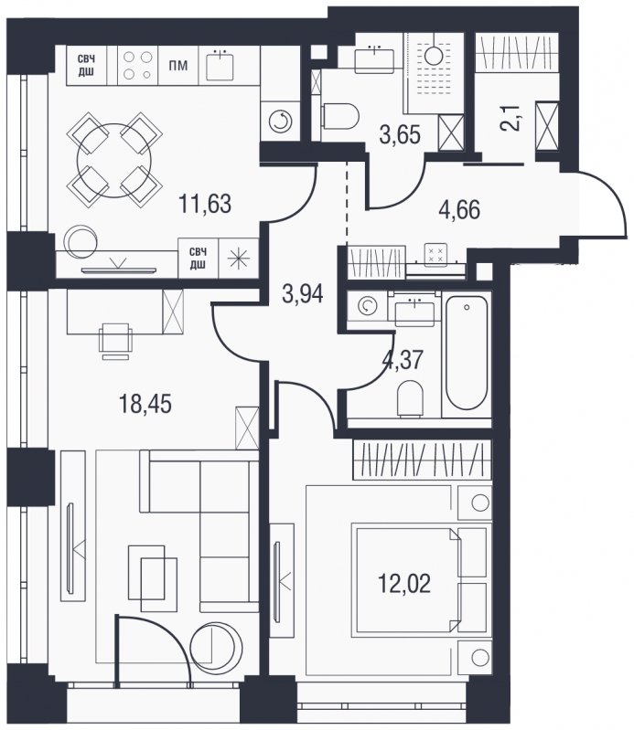 2-комнатная квартира без отделки, 61.05 м2, 9 этаж, сдача 3 квартал 2023 г., ЖК AFI Park Воронцовский, корпус 5 - объявление 1905613 - фото №1