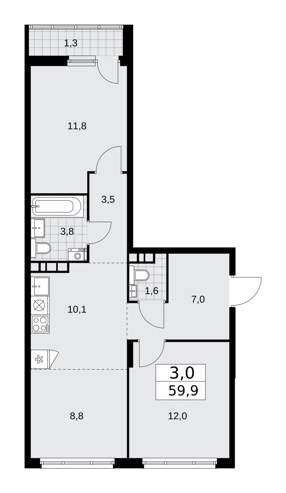 3-комнатная квартира (евро) без отделки, 59.9 м2, 6 этаж, сдача 1 квартал 2026 г., ЖК Прокшино, корпус 10.1.2 - объявление 2227054 - фото №1