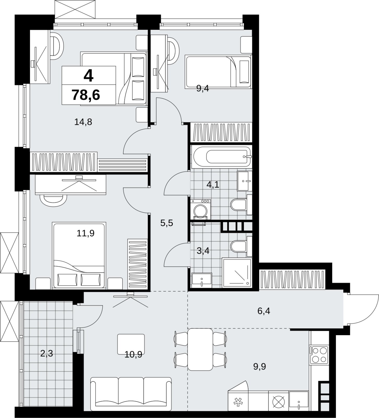4-комнатная квартира (евро) без отделки, 78.6 м2, 6 этаж, сдача 4 квартал 2026 г., ЖК Скандинавия, корпус 2.18.2.6 - объявление 2351749 - фото №1