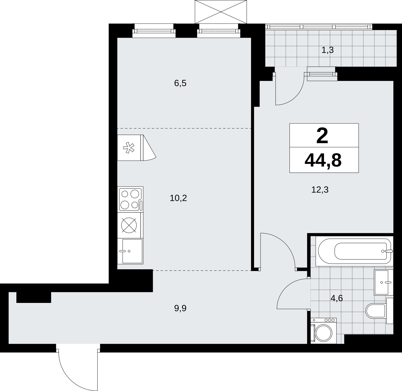 2-комнатная квартира (евро) без отделки, 44.8 м2, 5 этаж, сдача 1 квартал 2026 г., ЖК Дзен-кварталы, корпус 6.2.1 - объявление 2328472 - фото №1