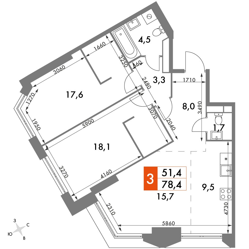 3-комнатная квартира с частичной отделкой, 78.4 м2, 30 этаж, дом сдан, ЖК Архитектор, корпус 3 - объявление 2350382 - фото №1