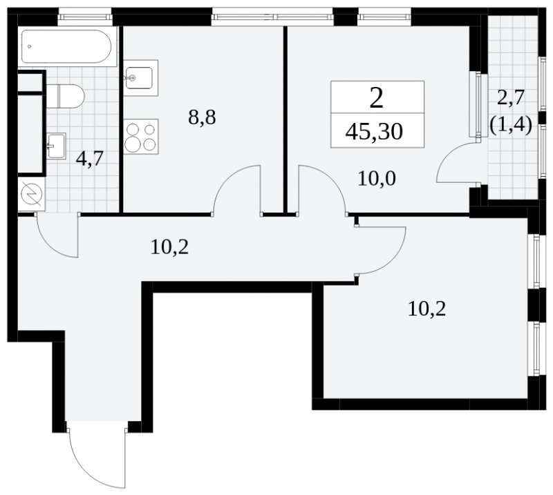 2-комнатная квартира без отделки, 45.3 м2, 23 этаж, сдача 2 квартал 2025 г., ЖК Южные сады, корпус 2.3 - объявление 1758254 - фото №1