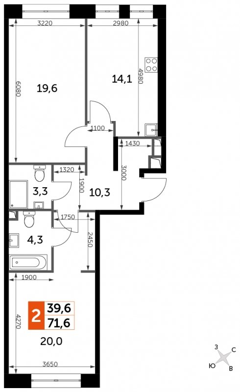 2-комнатная квартира с частичной отделкой, 71.6 м2, 2 этаж, сдача 3 квартал 2024 г., ЖК Sydney City, корпус 2.1 - объявление 1608174 - фото №1