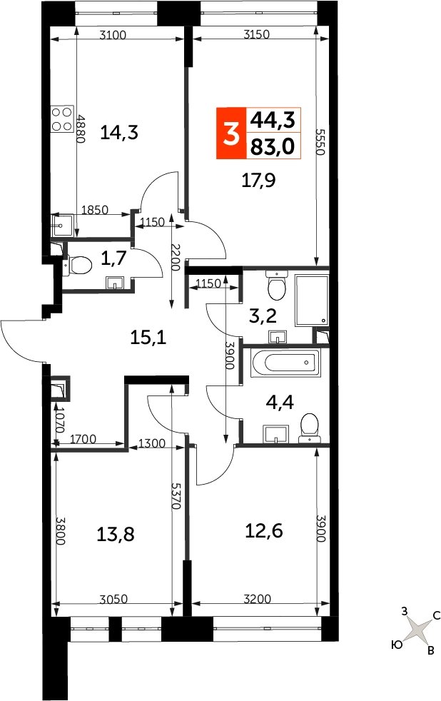 3-комнатная квартира с частичной отделкой, 83 м2, 16 этаж, сдача 3 квартал 2024 г., ЖК Sydney City, корпус 2.1 - объявление 2299340 - фото №1