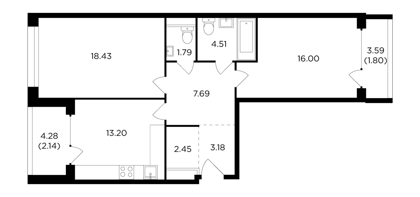 2-комнатная квартира без отделки, 71.19 м2, 4 этаж, дом сдан, ЖК RiverSky, корпус 8 - объявление 2351911 - фото №1