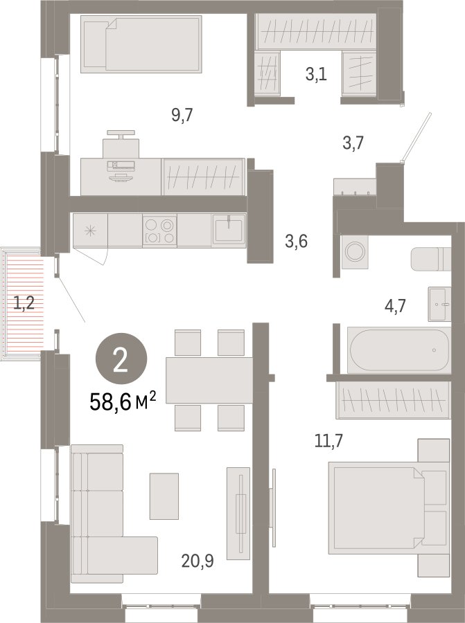 2-комнатная квартира с частичной отделкой, 58.6 м2, 11 этаж, сдача 3 квартал 2026 г., ЖК Квартал Метроном, корпус 1 - объявление 2372329 - фото №1