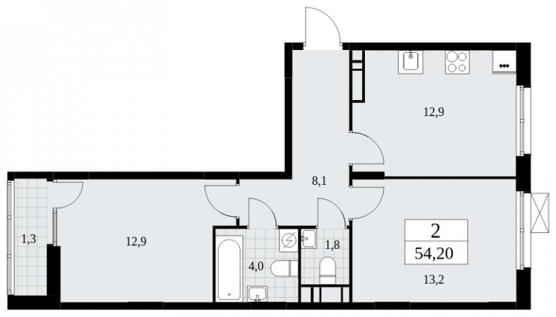2-комнатная квартира без отделки, 54.2 м2, 9 этаж, сдача 1 квартал 2025 г., ЖК Дзен-кварталы, корпус 1.4 - объявление 1896231 - фото №1