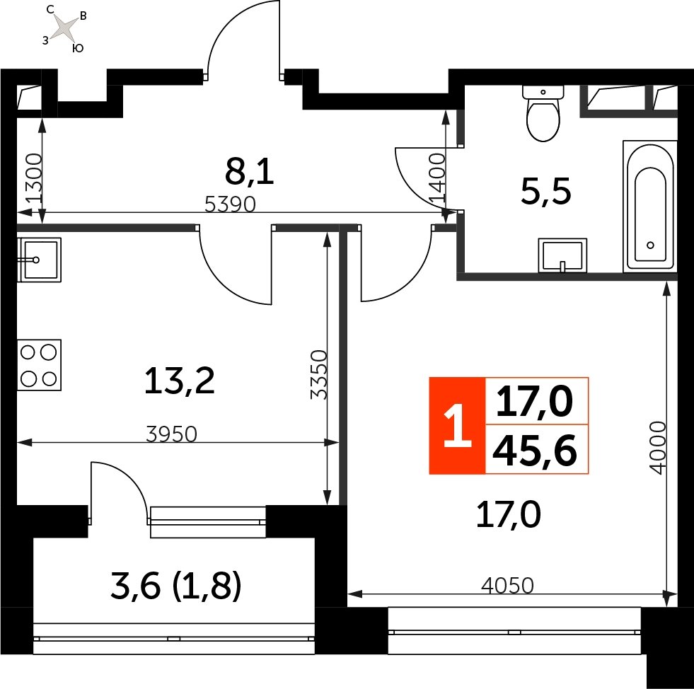 1-комнатная квартира с полной отделкой, 45.6 м2, 7 этаж, сдача 3 квартал 2024 г., ЖК Sydney City, корпус 2.1 - объявление 2207291 - фото №1