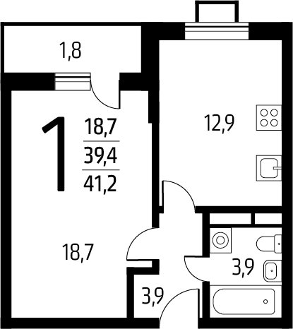 1-комнатная квартира с полной отделкой, 41.2 м2, 6 этаж, сдача 1 квартал 2025 г., ЖК Новые Ватутинки. Заречный, корпус 5/2 - объявление 2275059 - фото №1