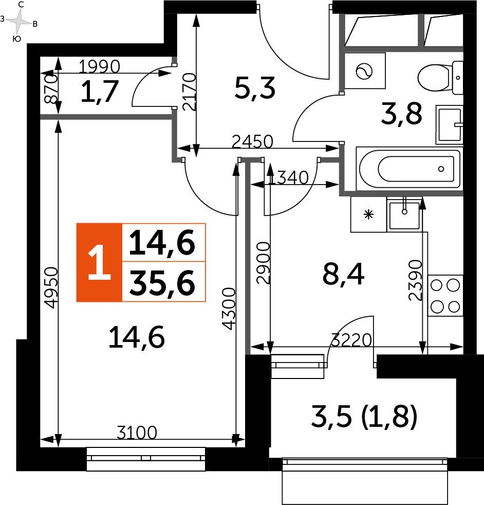 1-комнатная квартира с частичной отделкой, 35.5 м2, 4 этаж, дом сдан, ЖК UP-квартал Римский, корпус 7 - объявление 2353913 - фото №1