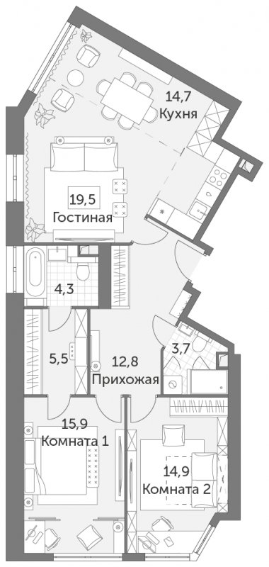 3-комнатная квартира без отделки, 91.3 м2, 46 этаж, сдача 4 квартал 2023 г., ЖК Архитектор, корпус 1 - объявление 1340813 - фото №1