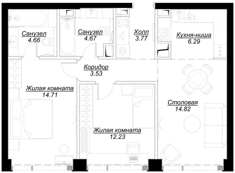 2-комнатная квартира с частичной отделкой, 64.55 м2, 30 этаж, сдача 4 квартал 2024 г., ЖК MOD, корпус Mod.D - объявление 1788355 - фото №1