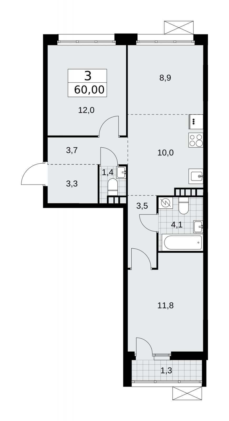 3-комнатная квартира (евро) с частичной отделкой, 60 м2, 4 этаж, сдача 4 квартал 2025 г., ЖК Бунинские кварталы, корпус 3.4 - объявление 2152043 - фото №1