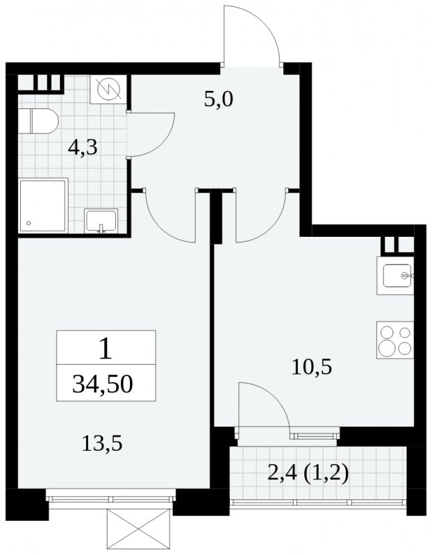 1-комнатная квартира с частичной отделкой, 34.5 м2, 4 этаж, сдача 4 квартал 2024 г., ЖК Скандинавия, корпус 2.27.4 - объявление 1840676 - фото №1