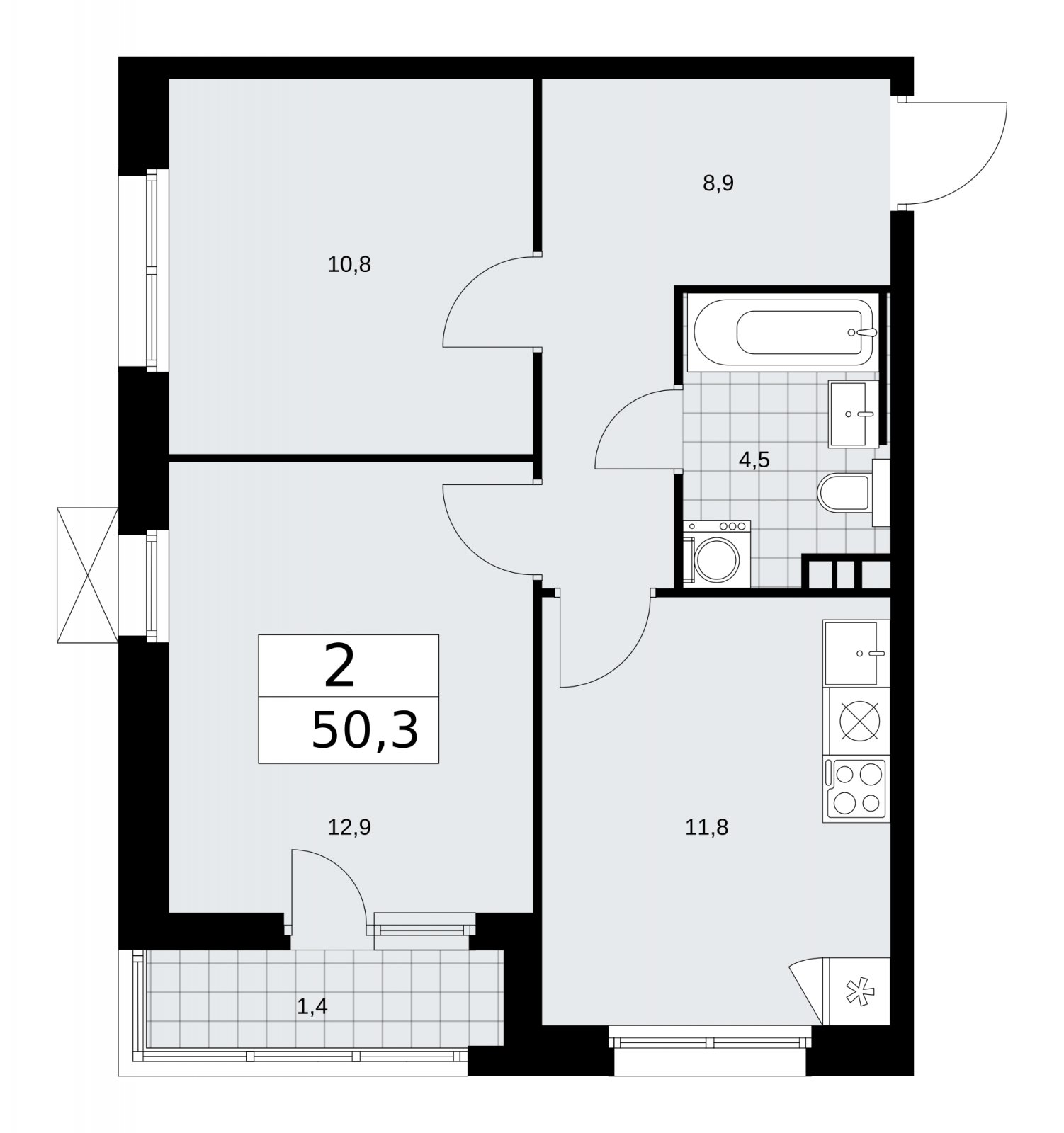 2-комнатная квартира без отделки, 50.3 м2, 3 этаж, сдача 2 квартал 2026 г., ЖК Скандинавия, корпус 25.4 - объявление 2284023 - фото №1
