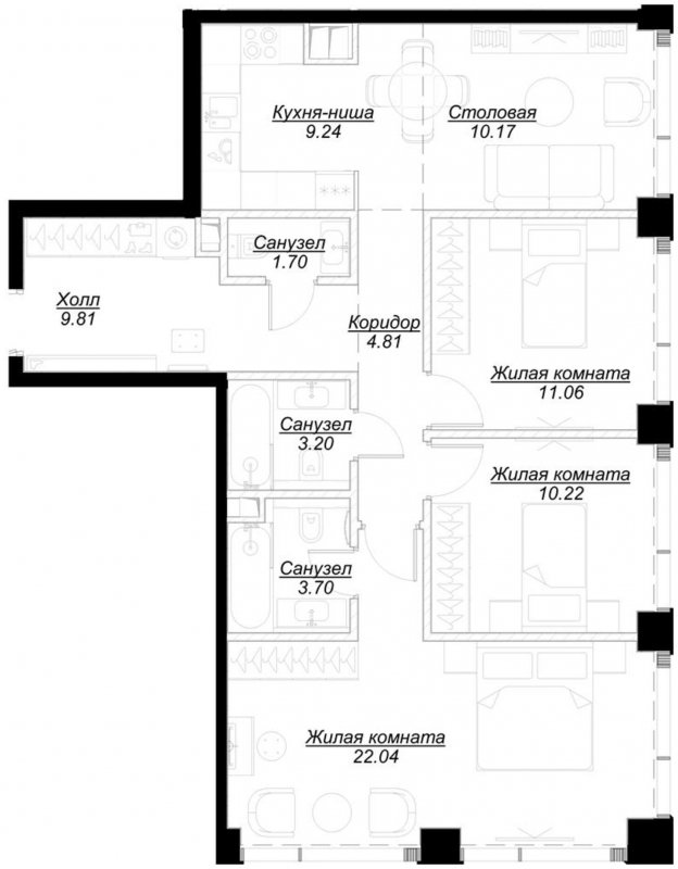3-комнатная квартира с частичной отделкой, 85.71 м2, 36 этаж, сдача 4 квартал 2024 г., ЖК MOD, корпус Mod.M - объявление 1788521 - фото №1