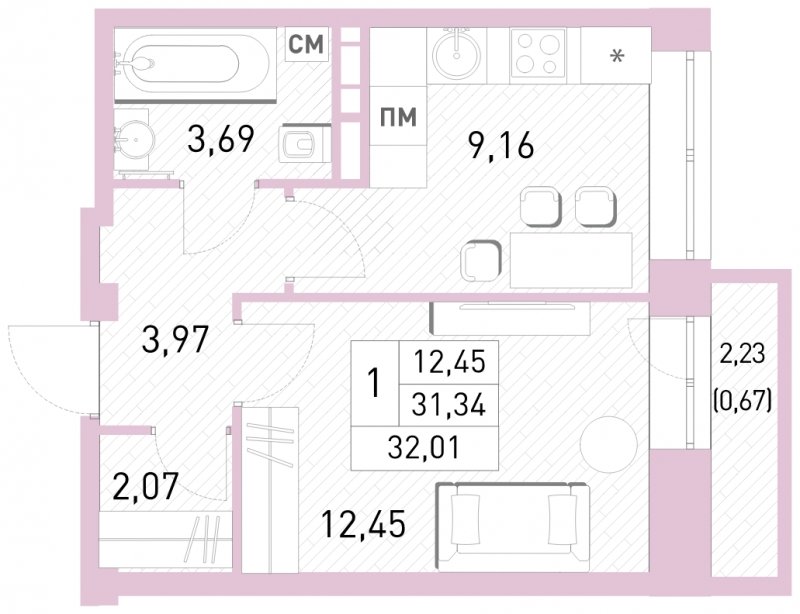 1-комнатная квартира с полной отделкой, 32.01 м2, 14 этаж, сдача 2 квартал 2023 г., ЖК Столичный, корпус 24 - объявление 1651109 - фото №1