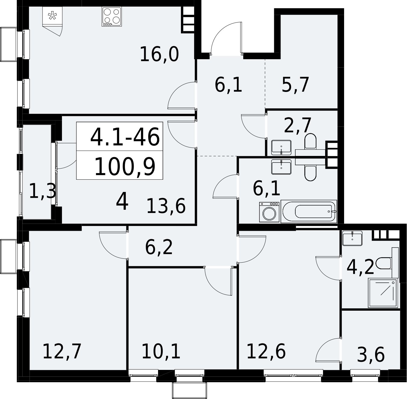 4-комнатная квартира с полной отделкой, 100.9 м2, 9 этаж, сдача 2 квартал 2027 г., ЖК Южные сады, корпус 4.1.1 - объявление 2392587 - фото №1
