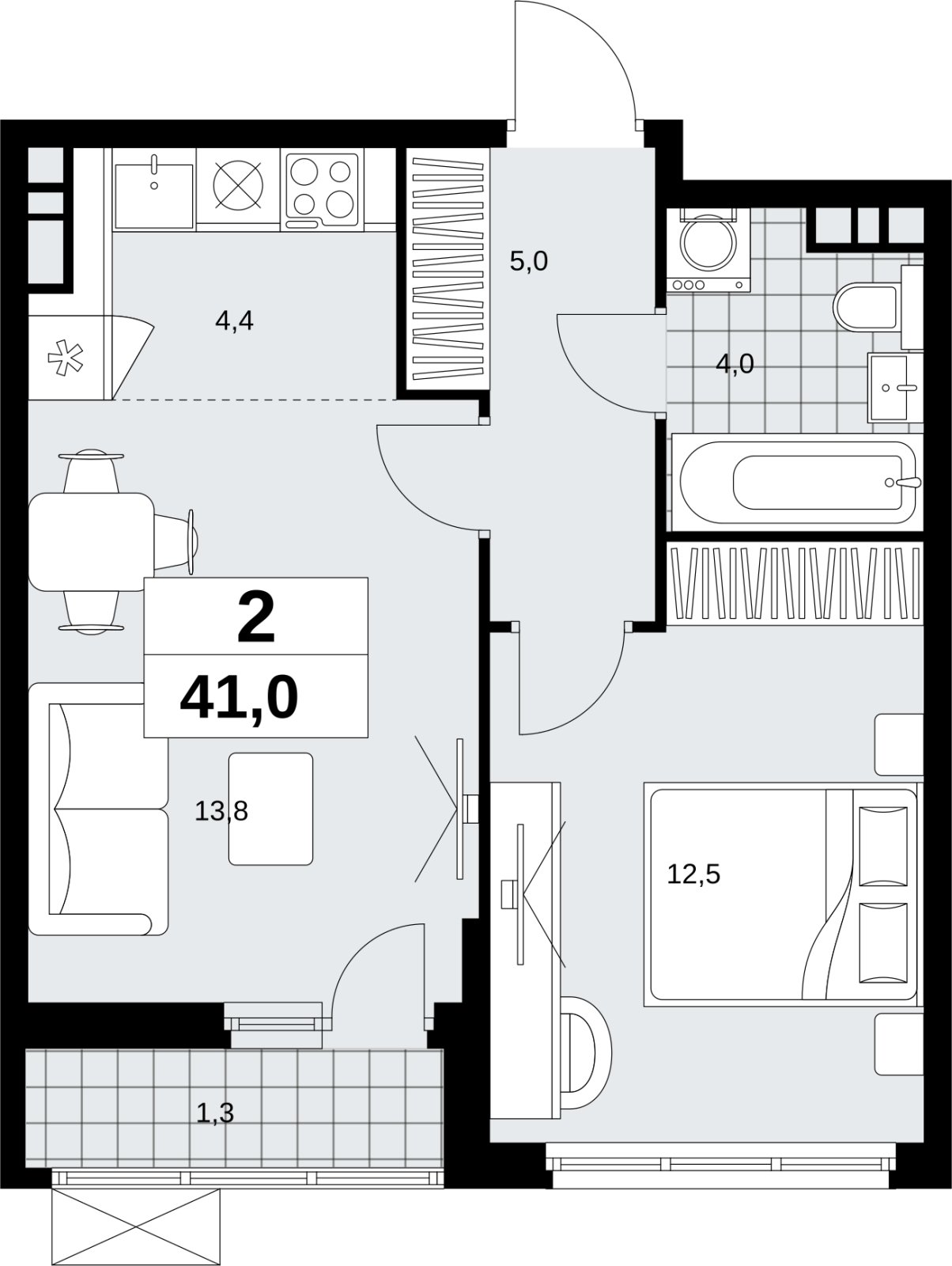 2-комнатная квартира (евро) без отделки, 41 м2, 4 этаж, сдача 4 квартал 2026 г., ЖК Скандинавия, корпус 2.18.2.4 - объявление 2351534 - фото №1