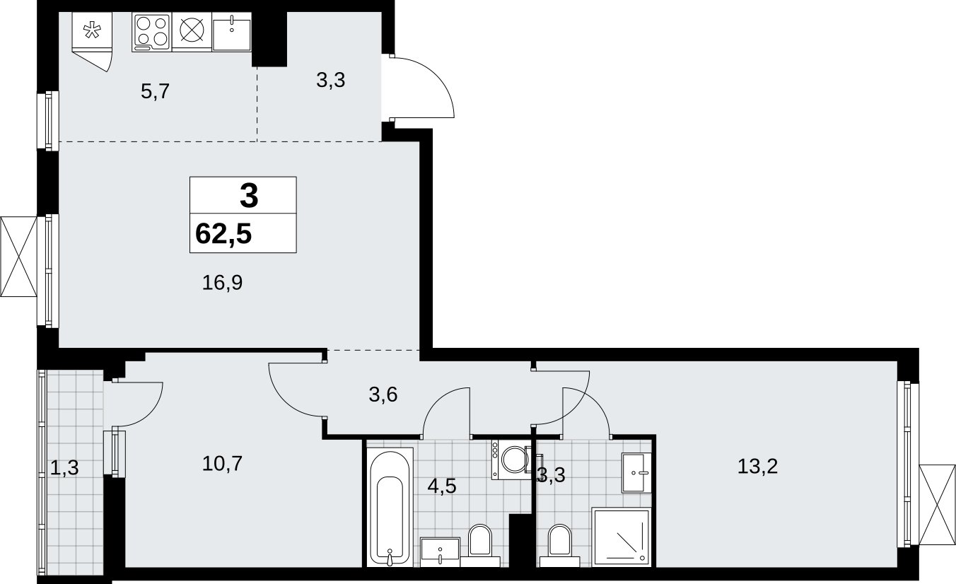 3-комнатная квартира (евро) без отделки, 62.5 м2, 3 этаж, сдача 2 квартал 2026 г., ЖК Дзен-кварталы, корпус 6.1.1 - объявление 2327034 - фото №1