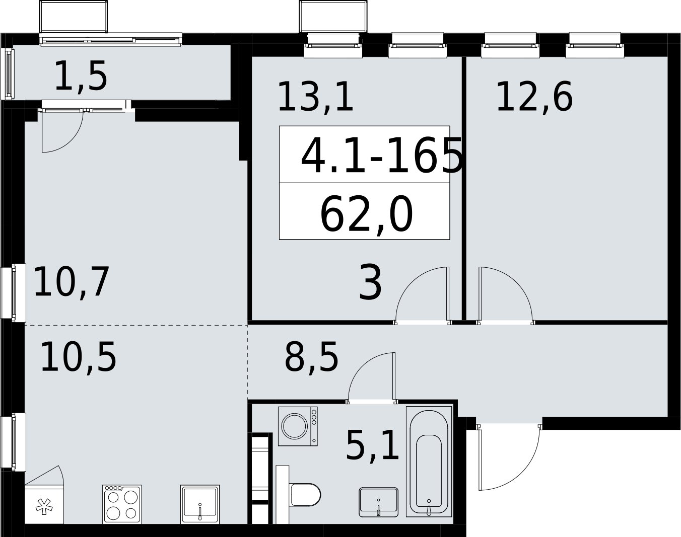 3-комнатная квартира (евро) с полной отделкой, 62 м2, 6 этаж, сдача 2 квартал 2027 г., ЖК Южные сады, корпус 4.1.2 - объявление 2392697 - фото №1