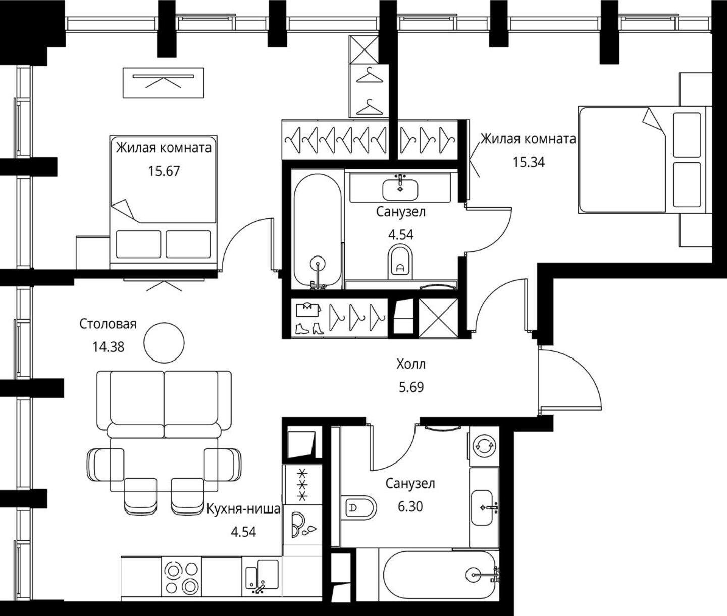 2-комнатная квартира с частичной отделкой, 66.46 м2, 10 этаж, сдача 3 квартал 2026 г., ЖК City Bay, корпус North Ocean 10 - объявление 2240560 - фото №1
